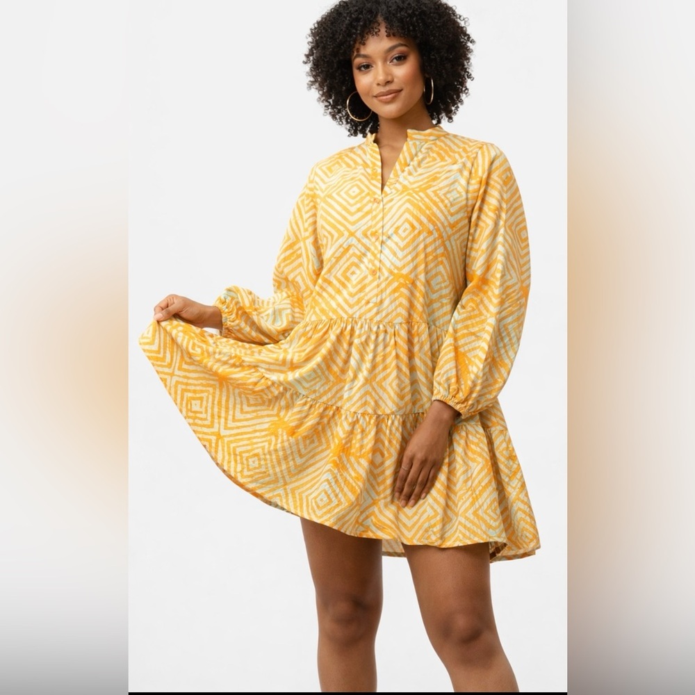 D’lyanu African Print Long Sleeve Babydoll Boho Mini Dress Orange Blue White Med